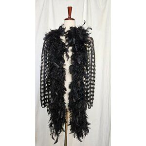 Top With Feather Boa Black and White Sheer Geometric Size S NYE New Year's Eve